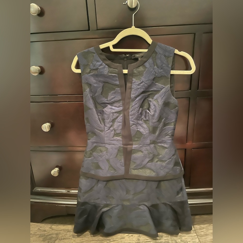 BCBGMaxazria Suni Jacquard Sheath Dress Womens 4 Navy Blue Layered Peplum Lined